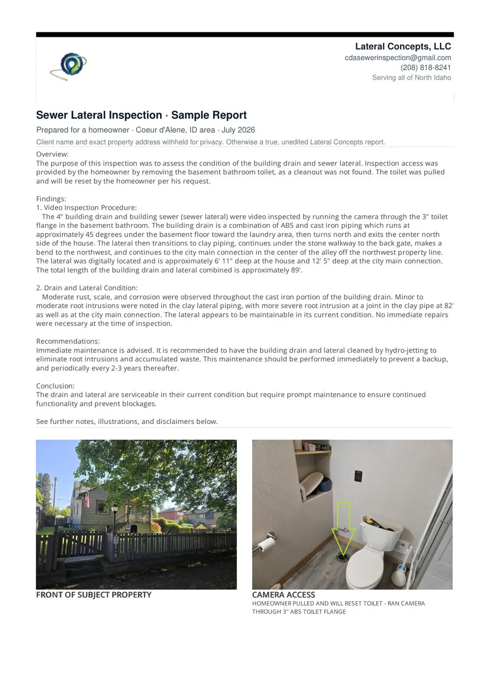 A real Lateral Concepts sewer inspection report — overview, findings, and photos, client details removed